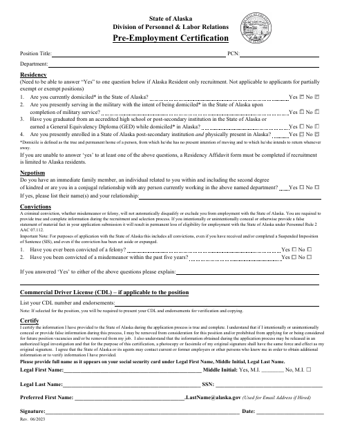 Pre-employment Certification - Alaska Download Pdf