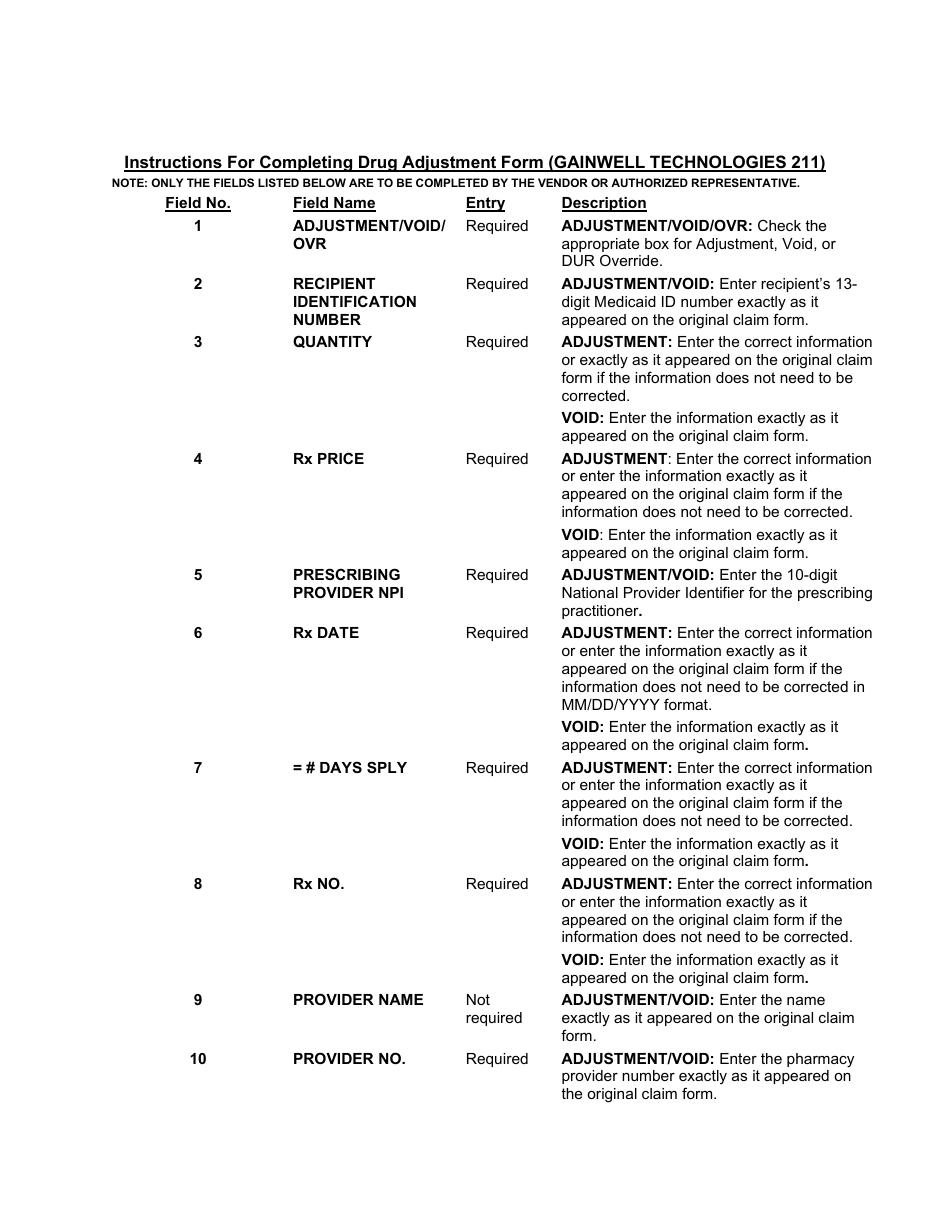 Form 211 Drug Adjustment Form - Medical Assistance Program - Louisiana, Page 1