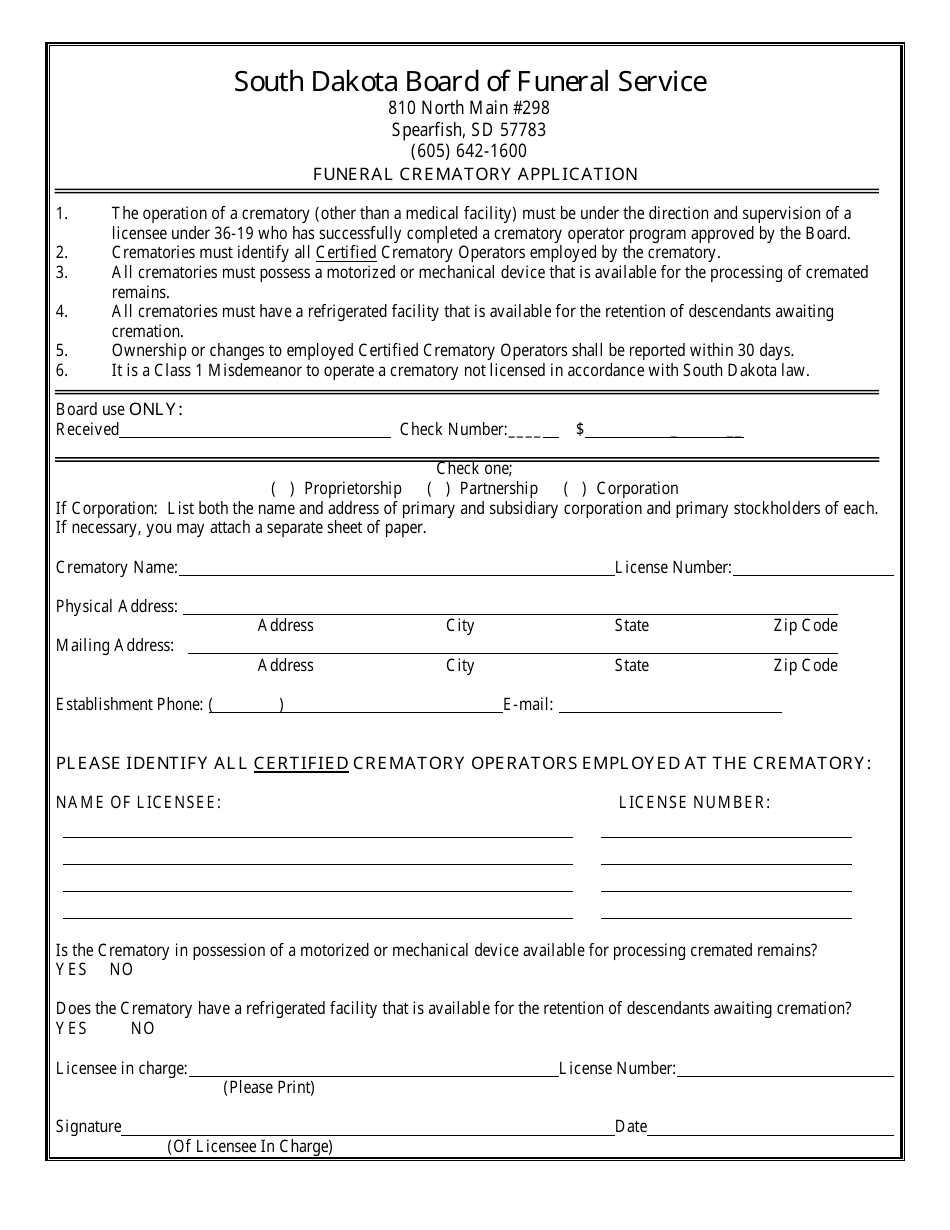 Renewal and Initial Crematory Application - South Dakota, Page 1