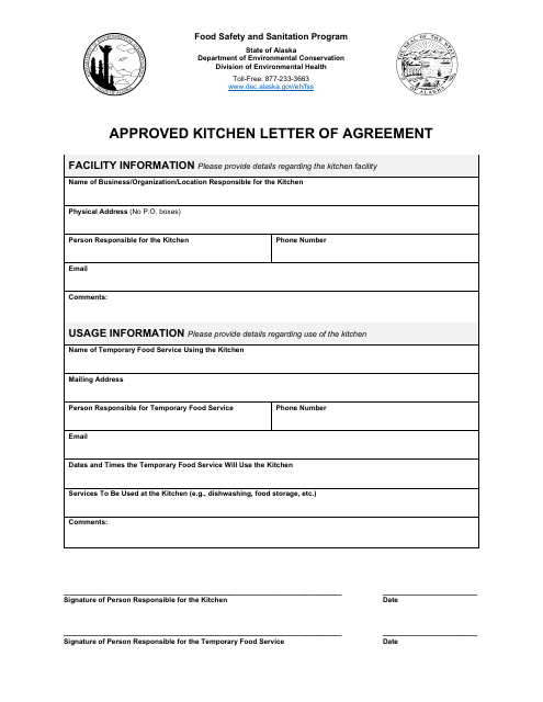 Approved Kitchen Letter of Agreement - Food Safety and Sanitation Program - Alaska Download Pdf