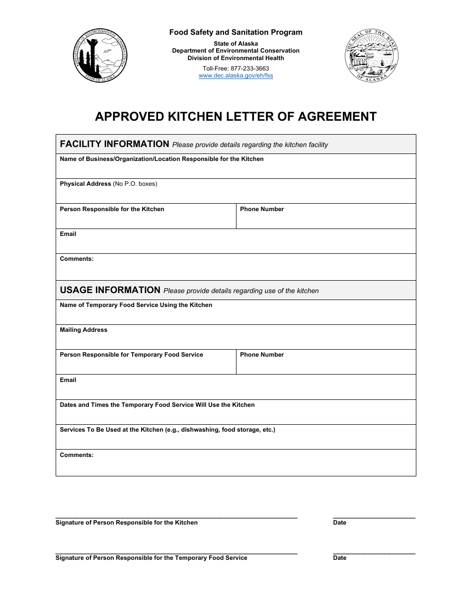 Approved Kitchen Letter of Agreement - Food Safety and Sanitation Program - Alaska, Page 1