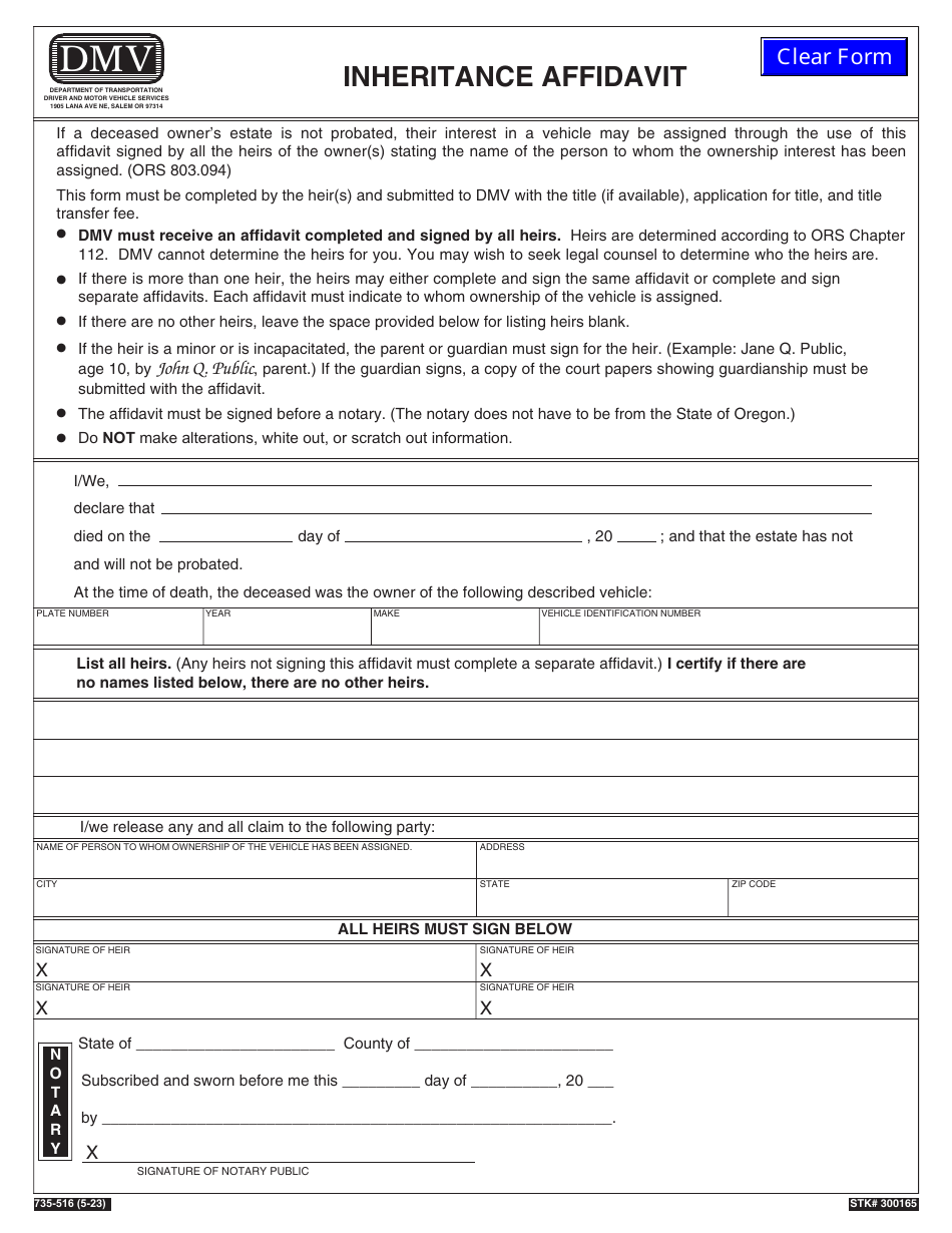 Form 735-516 Inheritance Affidavit - Oregon, Page 1