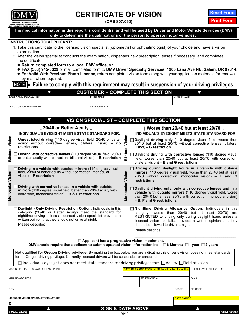 Form 735-24 Certificate of Vision - Oregon, Page 1