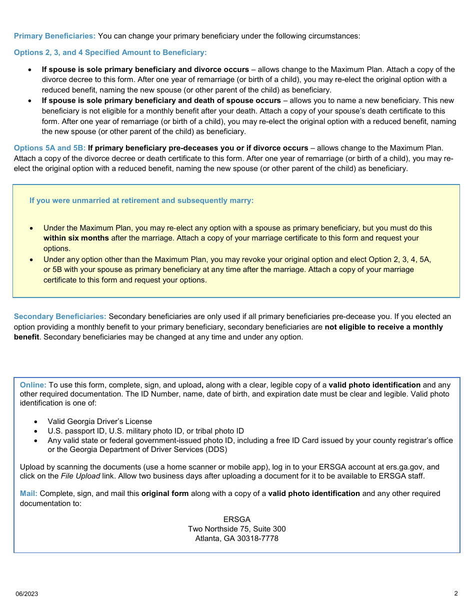 Form D-6ERS Ers Retiree Change of Beneficiary Form - Georgia (United States), Page 2