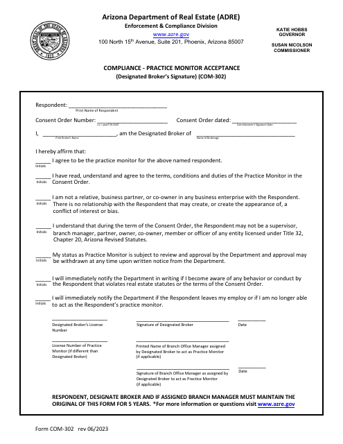 Form COM-302 Compliance - Practice Monitor Acceptance - Arizona