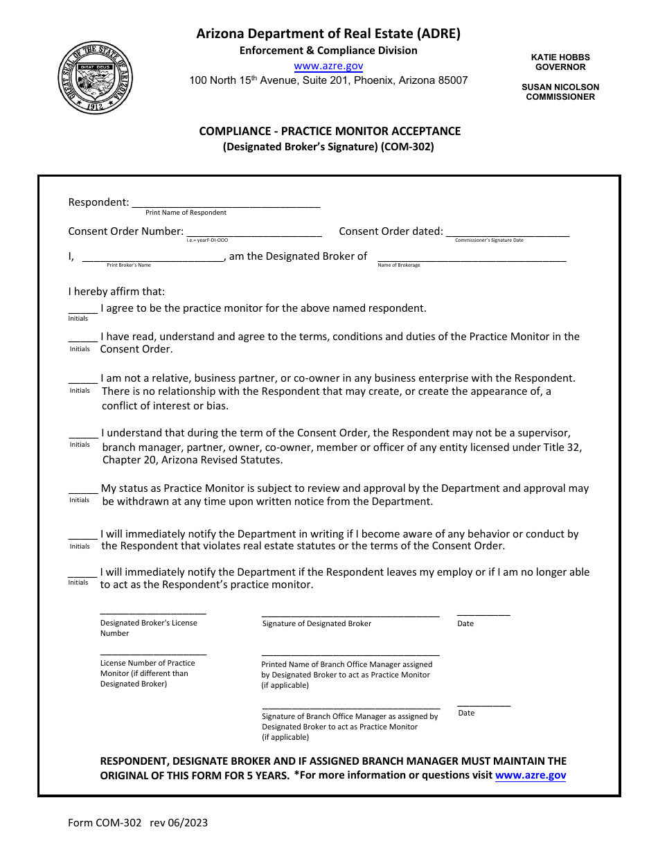 Form COM-302 Compliance - Practice Monitor Acceptance - Arizona, Page 1