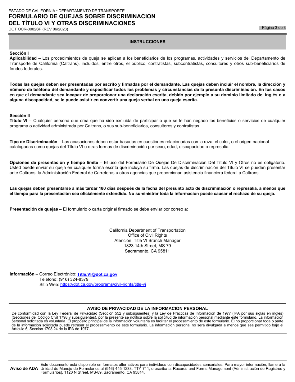 Formulario DOT OCR-0002SP Formulario De Quejas Sobre Discriminacion Del Titulo VI Y Otras Discriminaciones - California (Spanish), Page 3