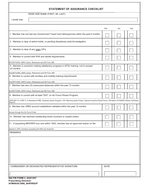 944 FW Form 3 Statement of Assurance Checklist