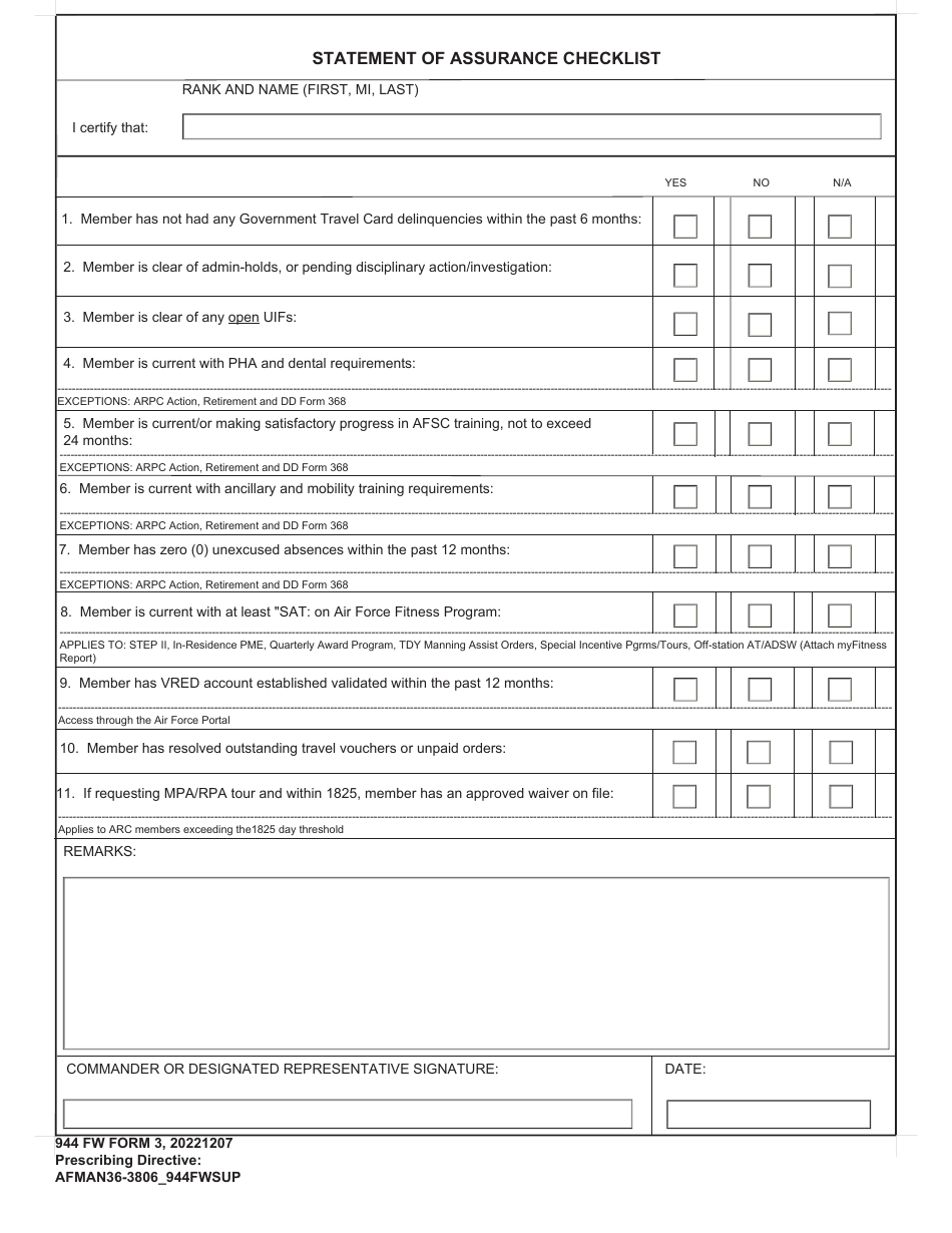 944 FW Form 3 Statement of Assurance Checklist, Page 1