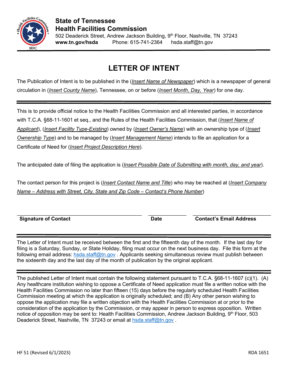 Form HF51 Letter of Intent / Publication of Intent - Tennessee, Page 3