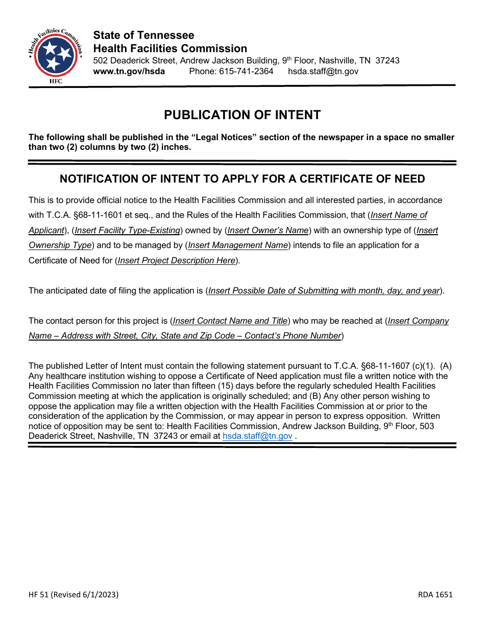 Form HF51 Letter of Intent / Publication of Intent - Tennessee, Page 4