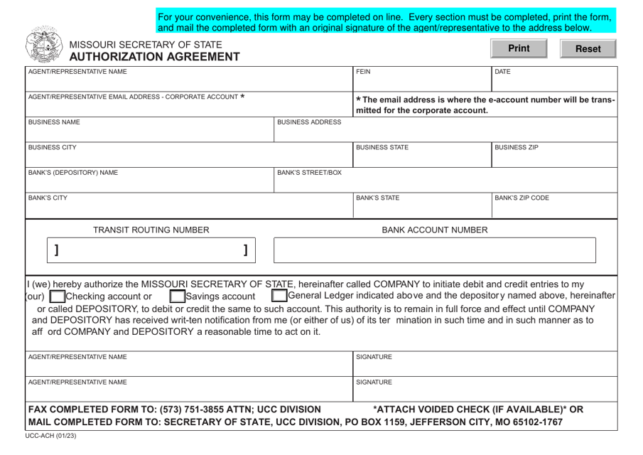 Form UCC-ACH Authorization Agreement - Missouri