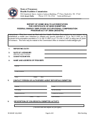 Document preview: Form HF-0058E Report of Home Health Accreditation for Certificate of Need Exemption Federal Energy Employees Occupational Compensation Program Act of 20000 (Eeoicpa) - Tennessee