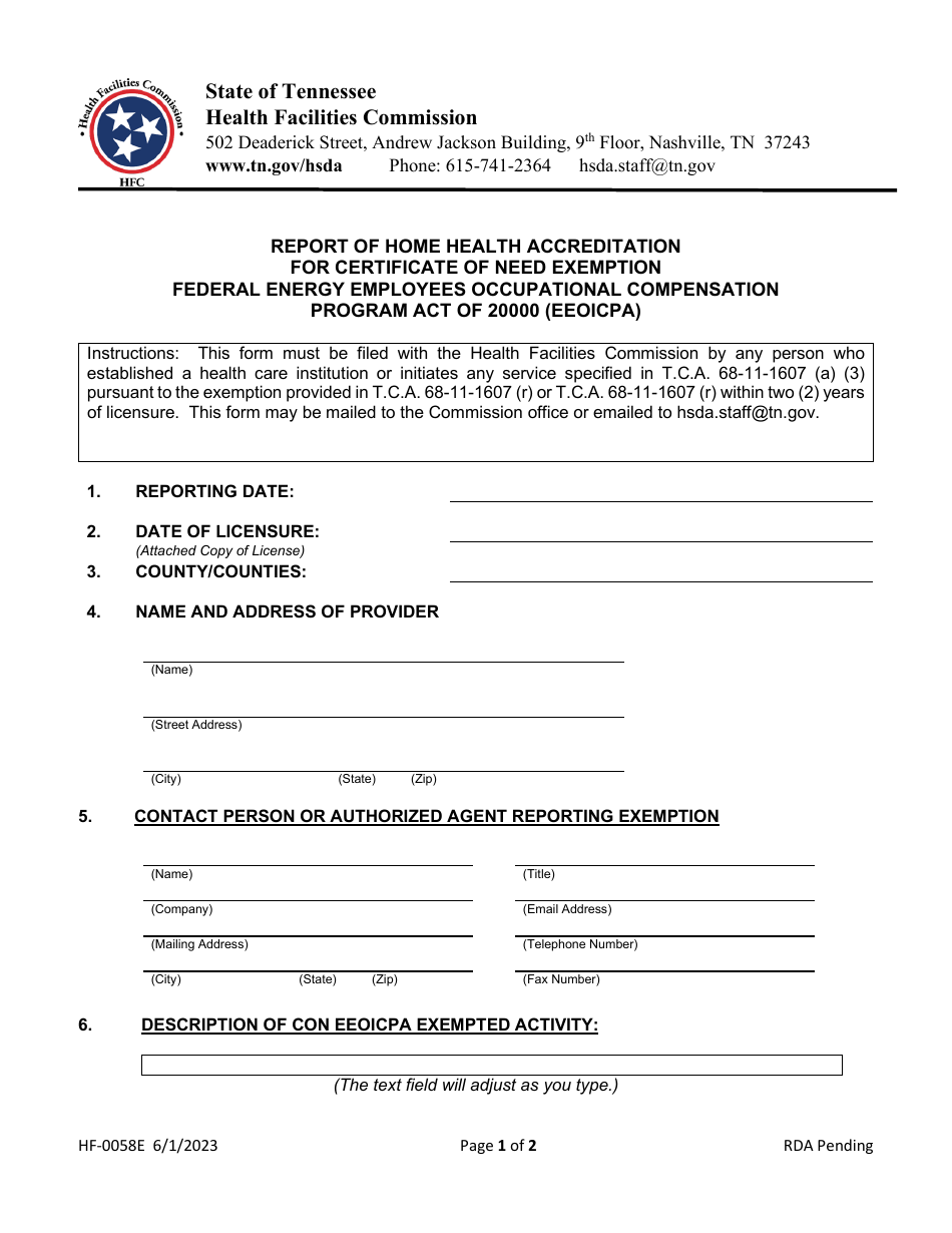 Form HF-0058E Report of Home Health Accreditation for Certificate of Need Exemption Federal Energy Employees Occupational Compensation Program Act of 20000 (Eeoicpa) - Tennessee, Page 1