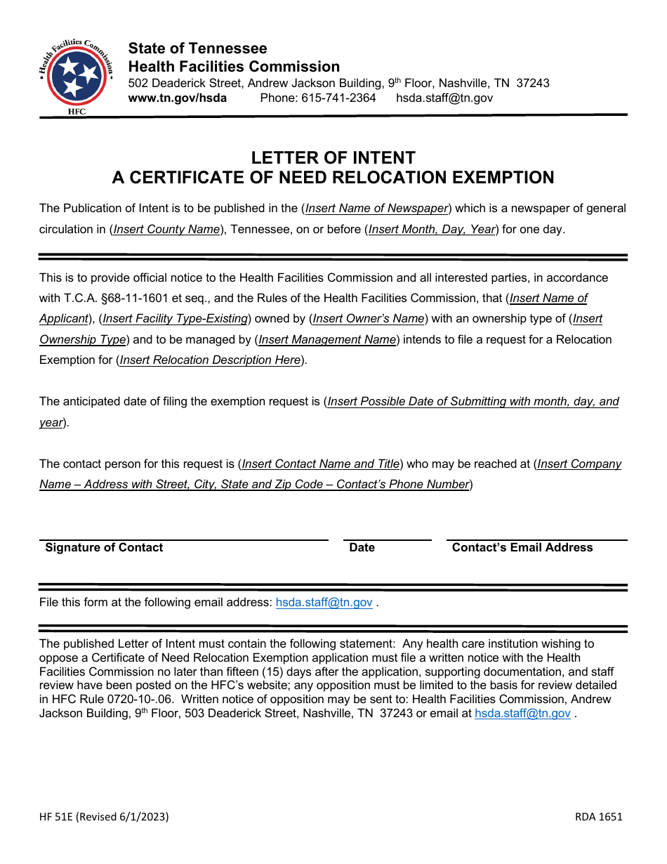 Form HF51E Letter of Intent / Publication of Intent to File a Certificate of Need Relocation Exemption - Tennessee, Page 3