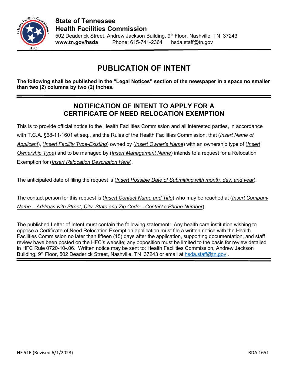 Form HF51E Letter of Intent / Publication of Intent to File a Certificate of Need Relocation Exemption - Tennessee, Page 4