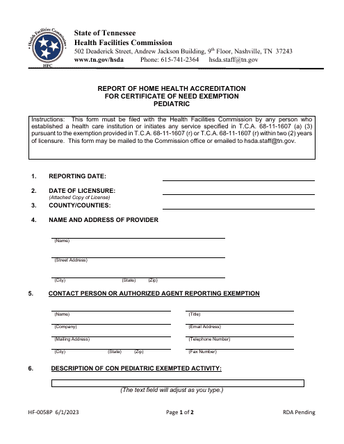 Form HF-0058P Report of Home Health Accreditation for Certificate of Need Exemption Pediatric - Tennessee