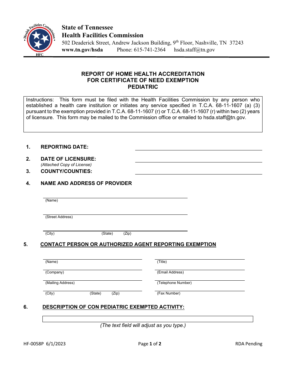 Form HF-0058P Report of Home Health Accreditation for Certificate of Need Exemption Pediatric - Tennessee, Page 1