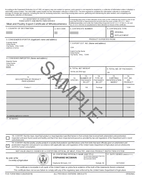 FSIS Form 9060-5 Meat and Poultry Export Certificate of Wholesomeness - Sample