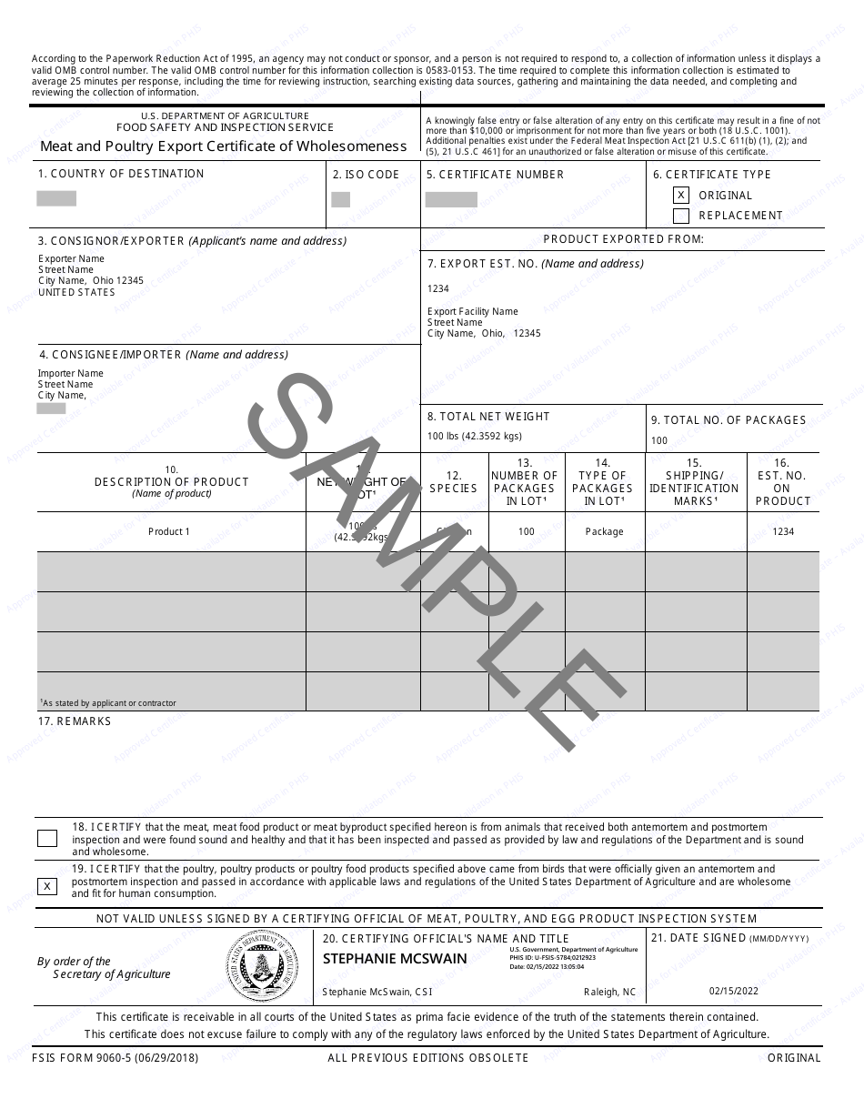 FSIS Form 9060-5 Meat and Poultry Export Certificate of Wholesomeness - Sample, Page 1