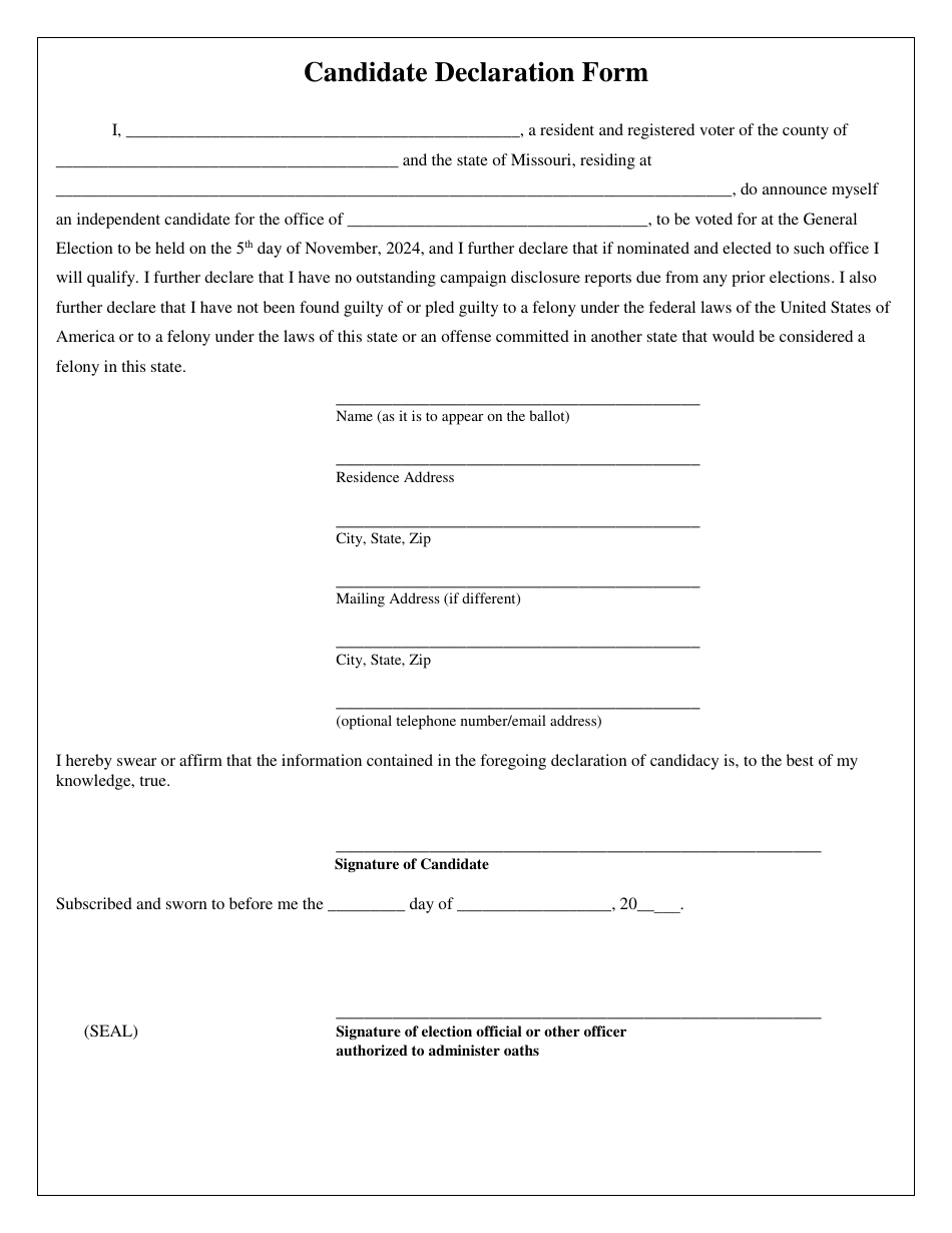 Candidate Declaration Form - Missouri, Page 1