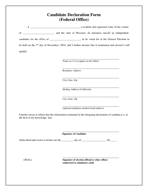 Candidate Declaration Form (Federal Office) - Missouri, 2024