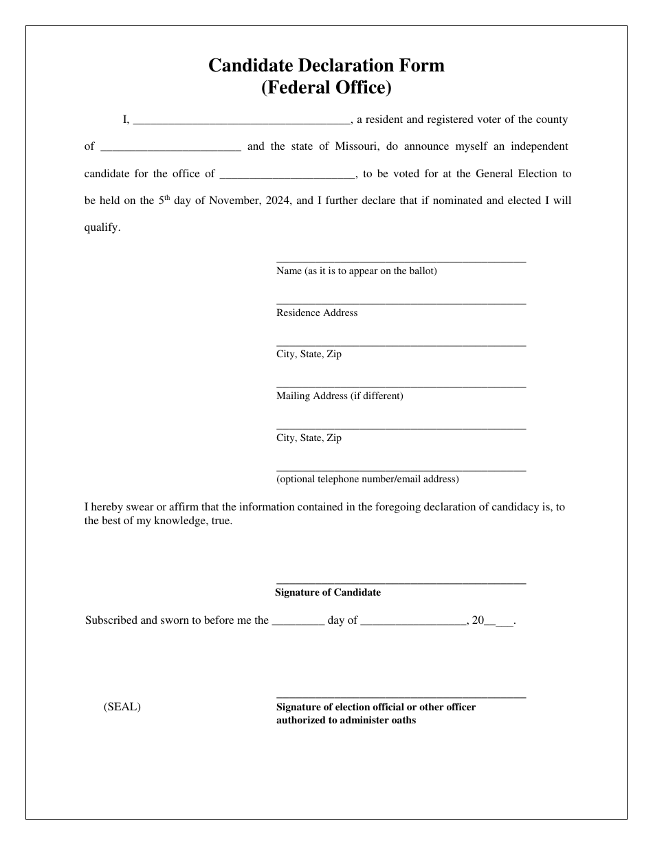 Candidate Declaration Form (Federal Office) - Missouri, Page 1