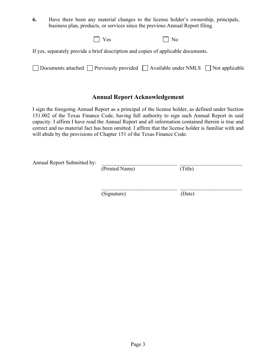 Annual Report for Texas Money Transmission License Holders - Texas, Page 3