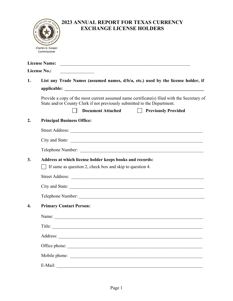 Annual Report for Texas Currency Exchange License Holders - Texas, Page 1