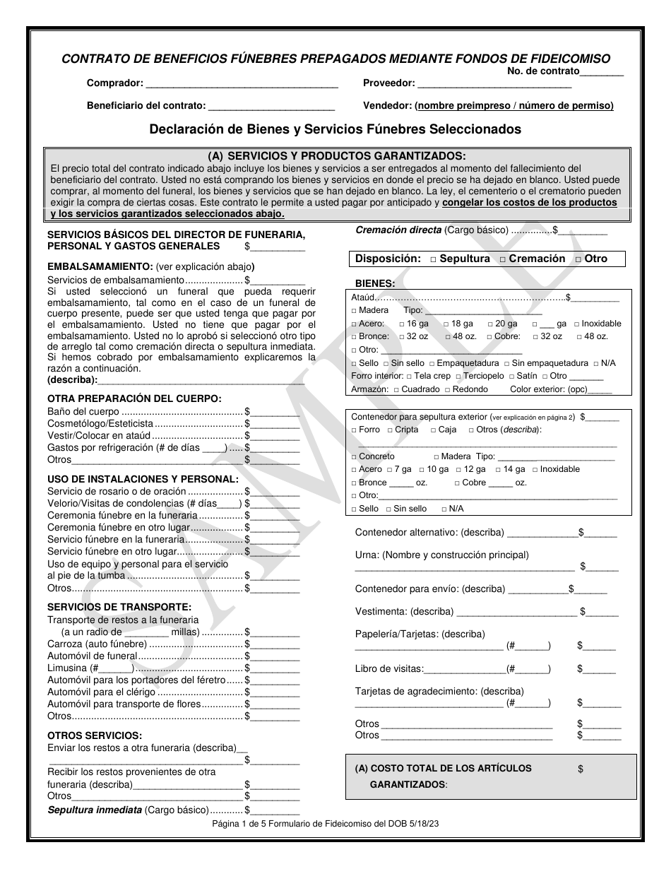 Declaracion De Bienes Y Servicios Funebres Seleccionados - Sample - Texas (Spanish), Page 1