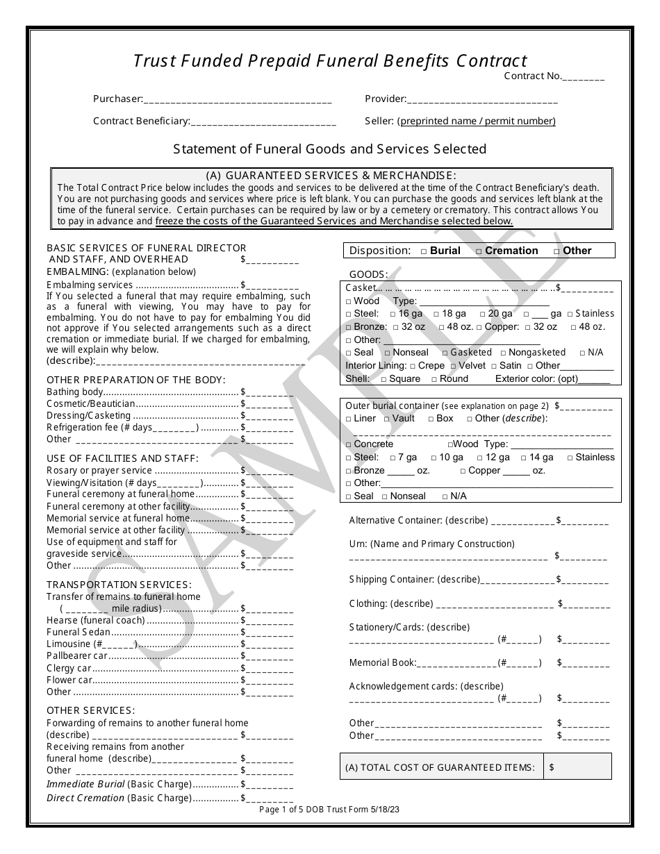 Trust Funded Prepaid Funeral Benefits Contract - Sample - Texas, Page 1