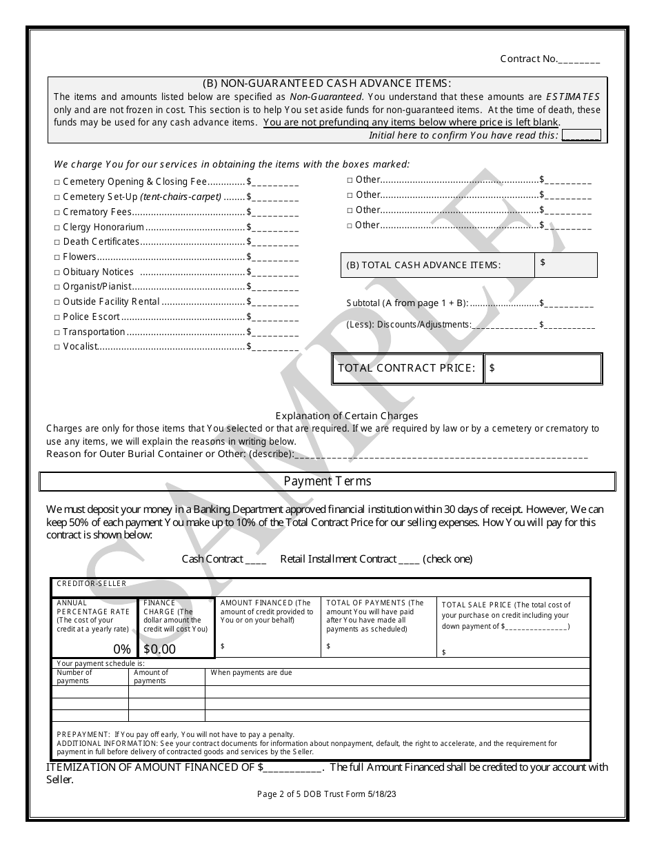 Trust Funded Prepaid Funeral Benefits Contract - Sample - Texas, Page 2