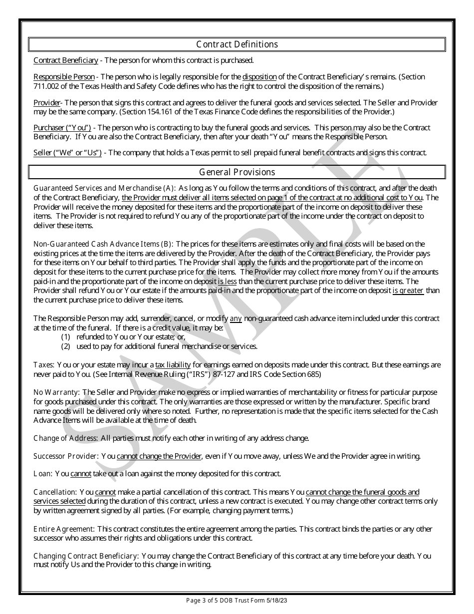 Trust Funded Prepaid Funeral Benefits Contract - Sample - Texas, Page 3