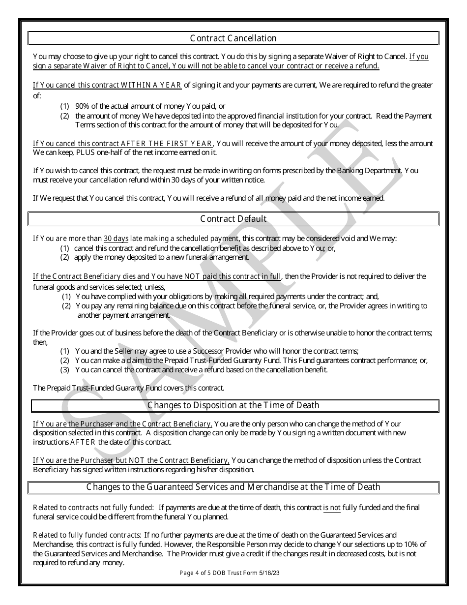 Trust Funded Prepaid Funeral Benefits Contract - Sample - Texas, Page 4