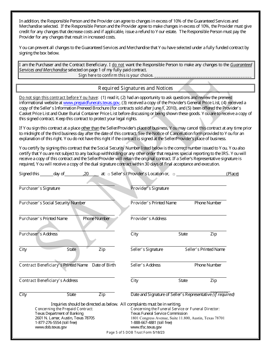 Trust Funded Prepaid Funeral Benefits Contract - Sample - Texas, Page 5