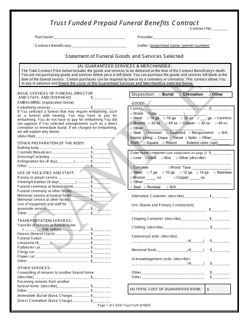 Trust Funded Prepaid Funeral Benefits Contract - Sample - Texas
