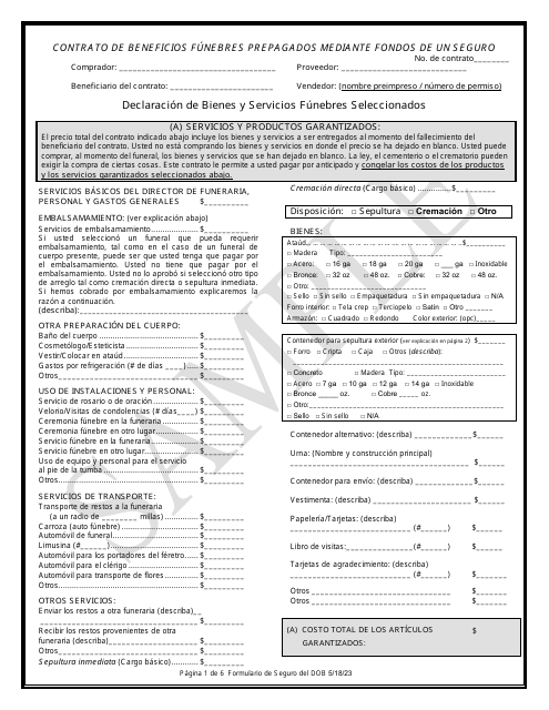 Contrato De Beneficios Funebres Prepagados Mediante Fondos De Un Seguro - Sample - Texas (Spanish) Download Pdf
