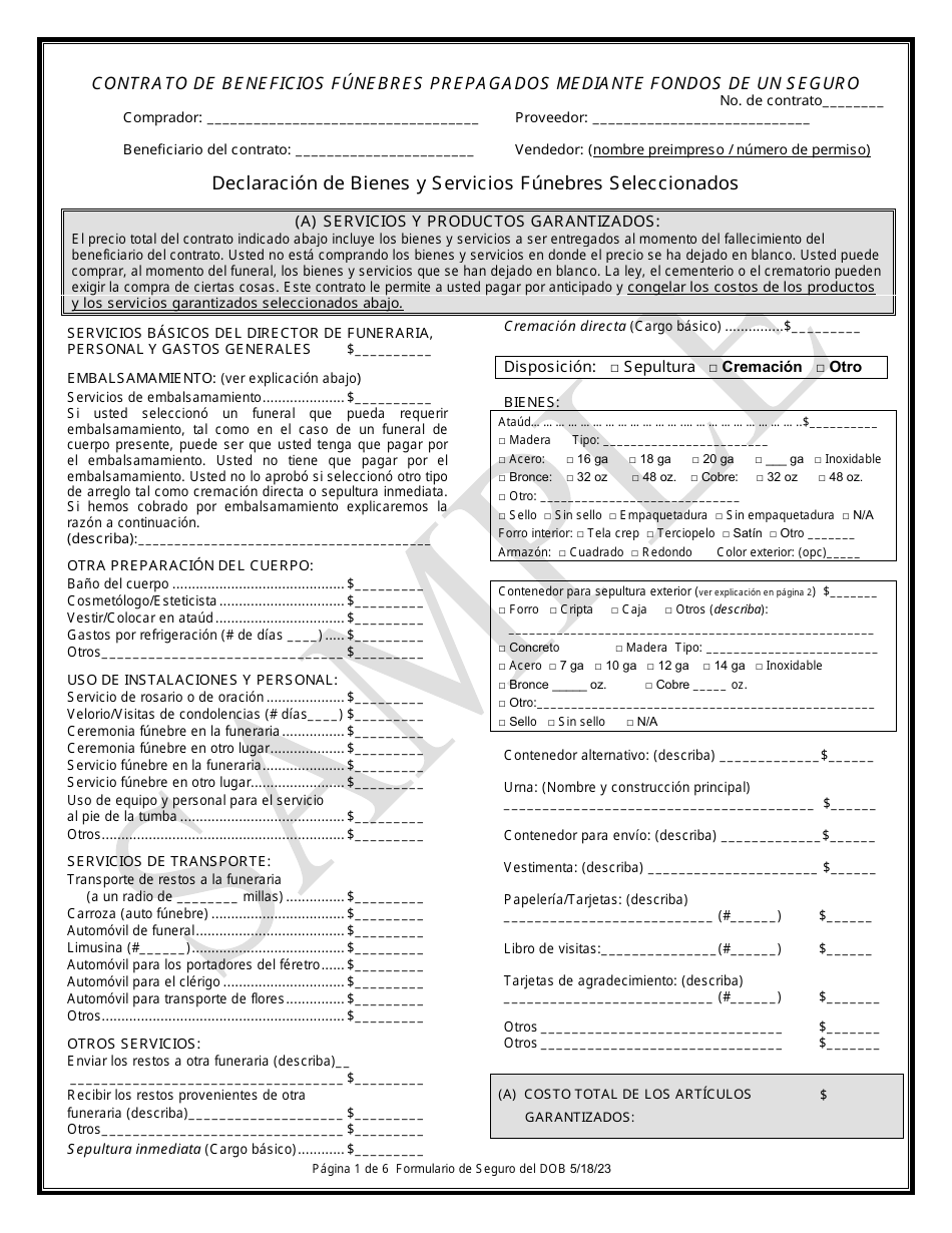 Contrato De Beneficios Funebres Prepagados Mediante Fondos De Un Seguro - Sample - Texas (Spanish), Page 1