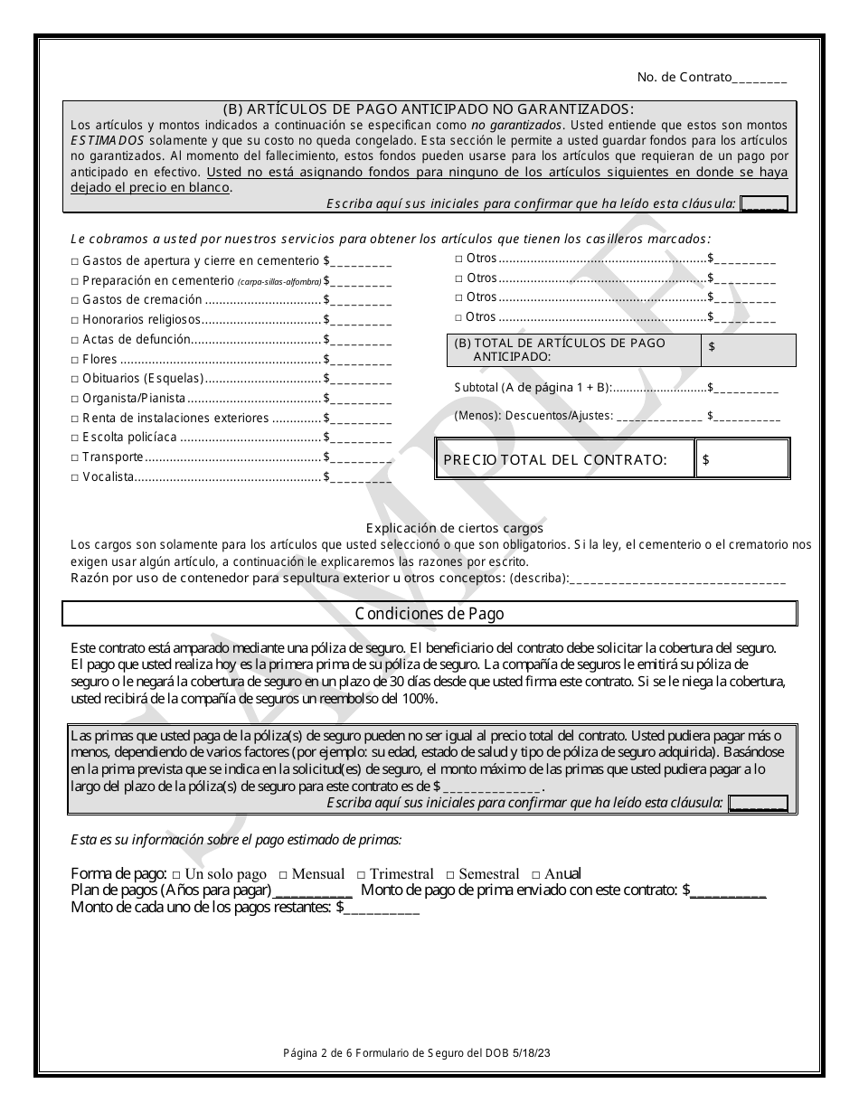 Contrato De Beneficios Funebres Prepagados Mediante Fondos De Un Seguro - Sample - Texas (Spanish), Page 2