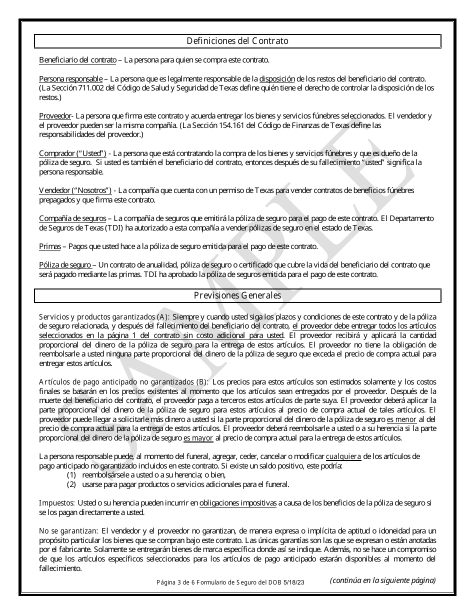 Contrato De Beneficios Funebres Prepagados Mediante Fondos De Un Seguro - Sample - Texas (Spanish), Page 3