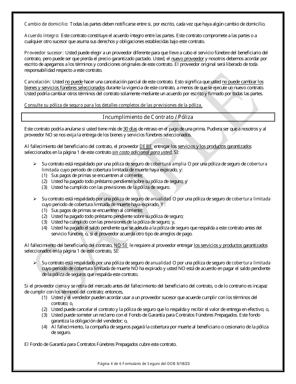 Contrato De Beneficios Funebres Prepagados Mediante Fondos De Un Seguro - Sample - Texas (Spanish), Page 4