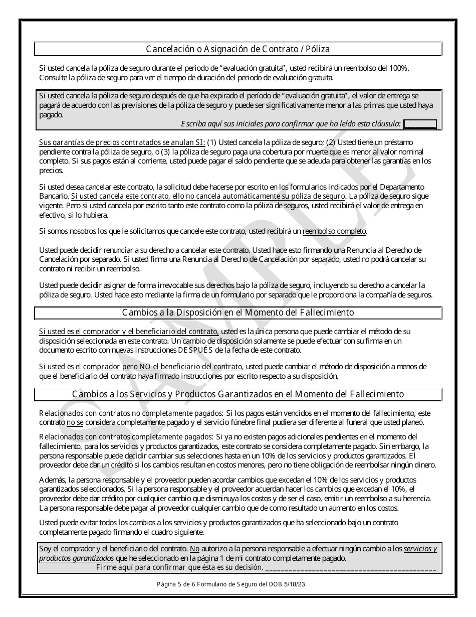 Contrato De Beneficios Funebres Prepagados Mediante Fondos De Un Seguro - Sample - Texas (Spanish), Page 5