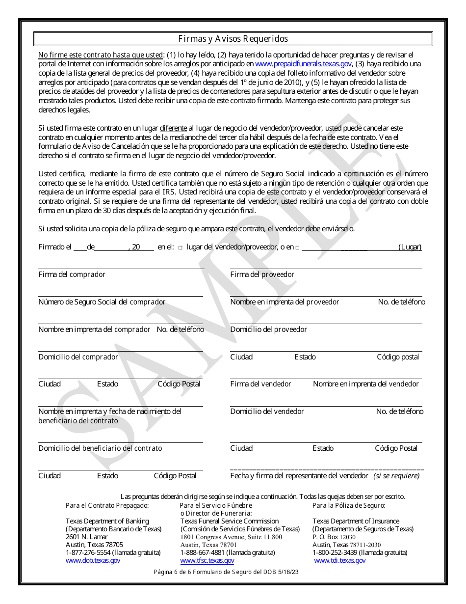 Contrato De Beneficios Funebres Prepagados Mediante Fondos De Un Seguro - Sample - Texas (Spanish), Page 6