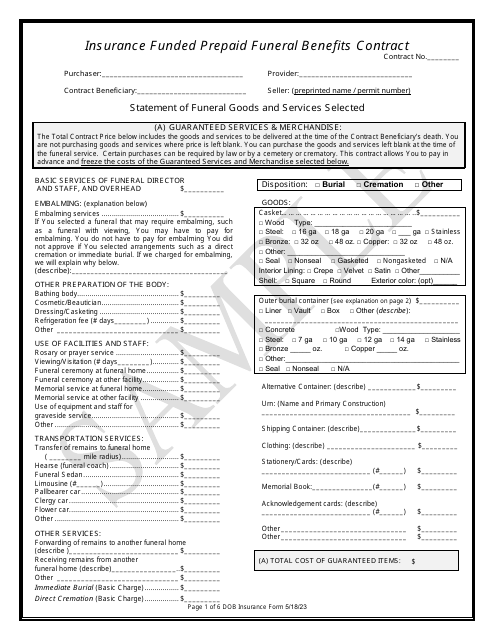 Insurance Funded Prepaid Funeral Benefits Contract - Sample - Texas Download Pdf