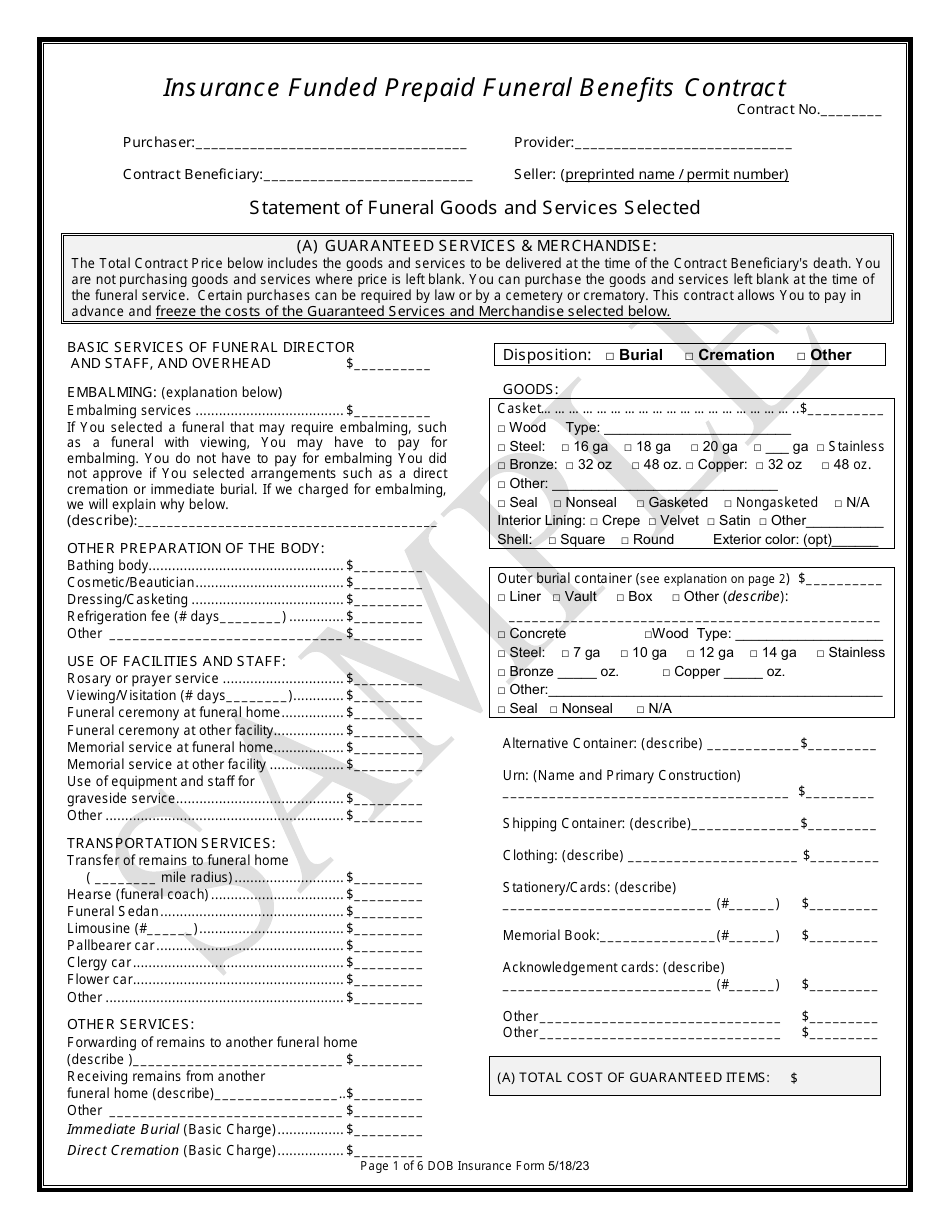 Insurance Funded Prepaid Funeral Benefits Contract - Sample - Texas, Page 1