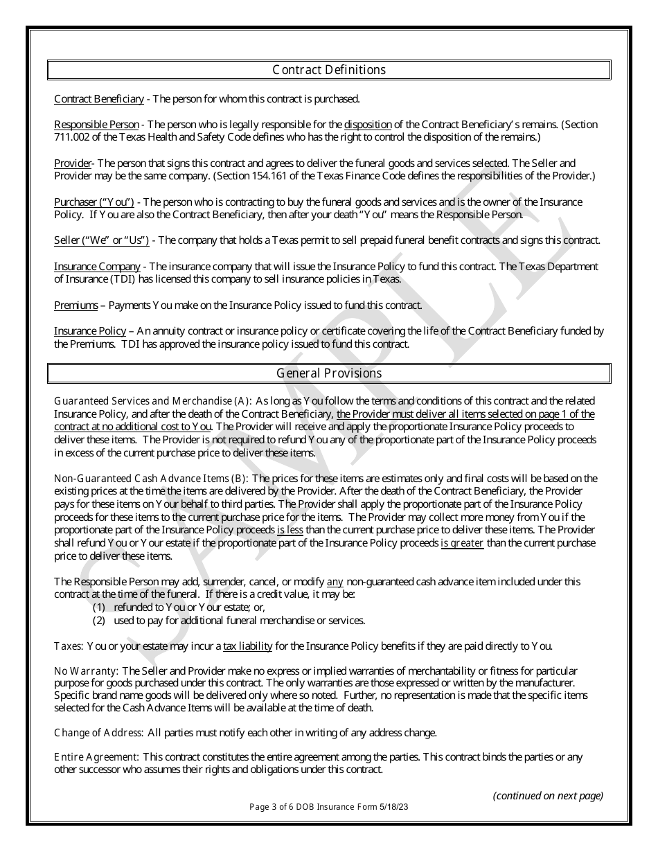 Insurance Funded Prepaid Funeral Benefits Contract - Sample - Texas, Page 3