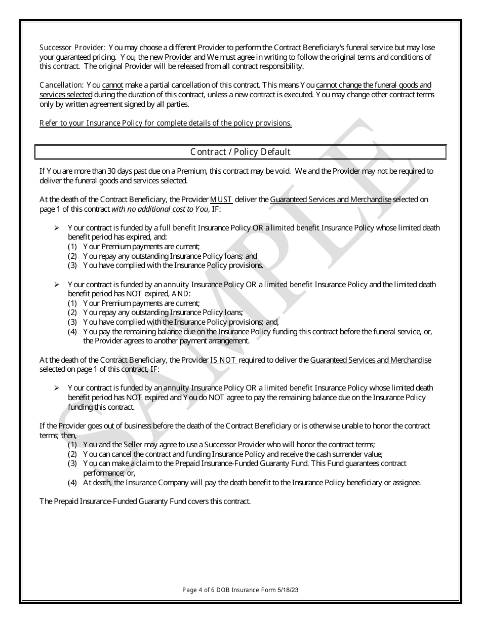 Insurance Funded Prepaid Funeral Benefits Contract - Sample - Texas, Page 4