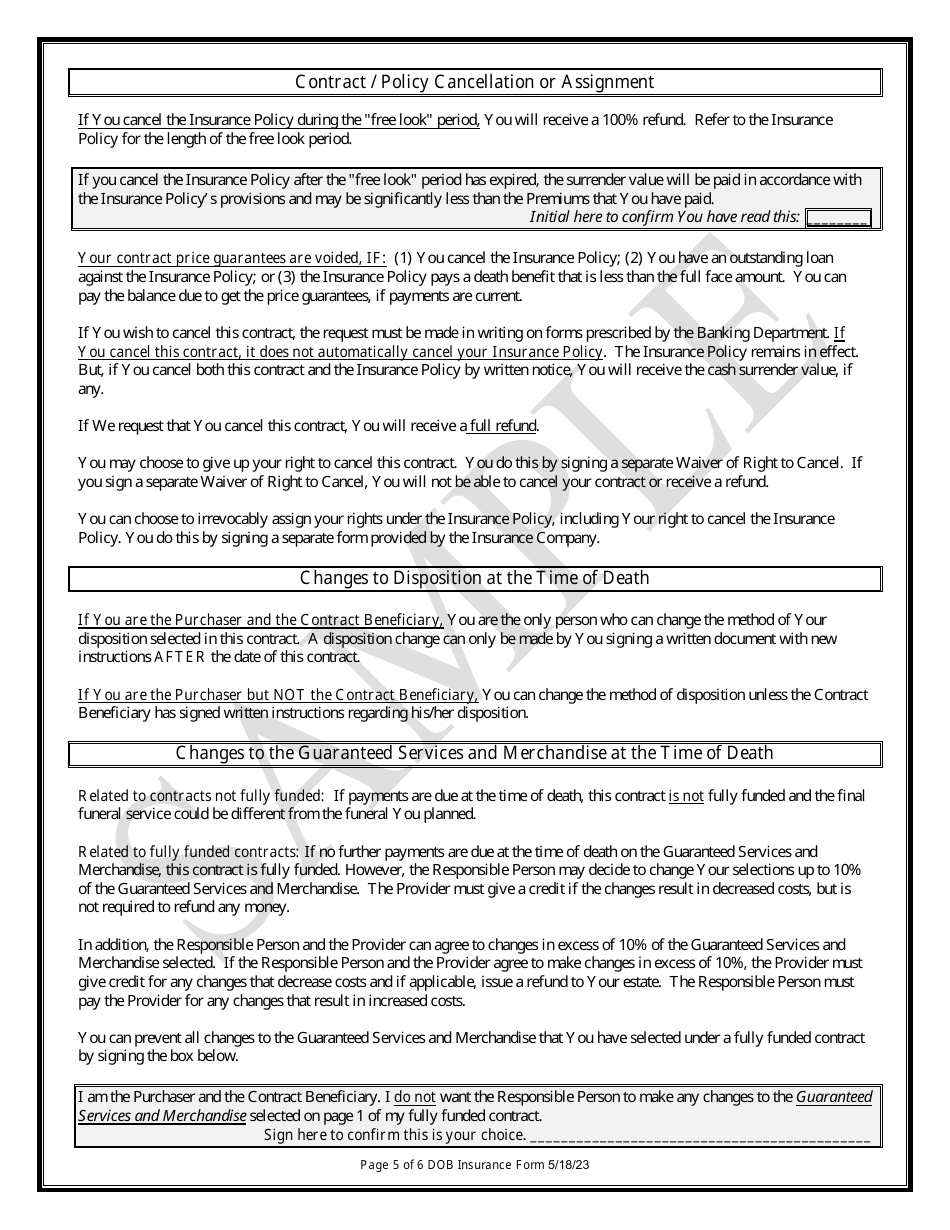 Insurance Funded Prepaid Funeral Benefits Contract - Sample - Texas, Page 5