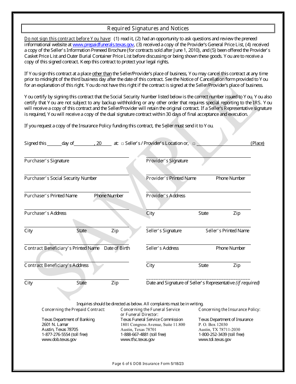 Insurance Funded Prepaid Funeral Benefits Contract - Sample - Texas, Page 6