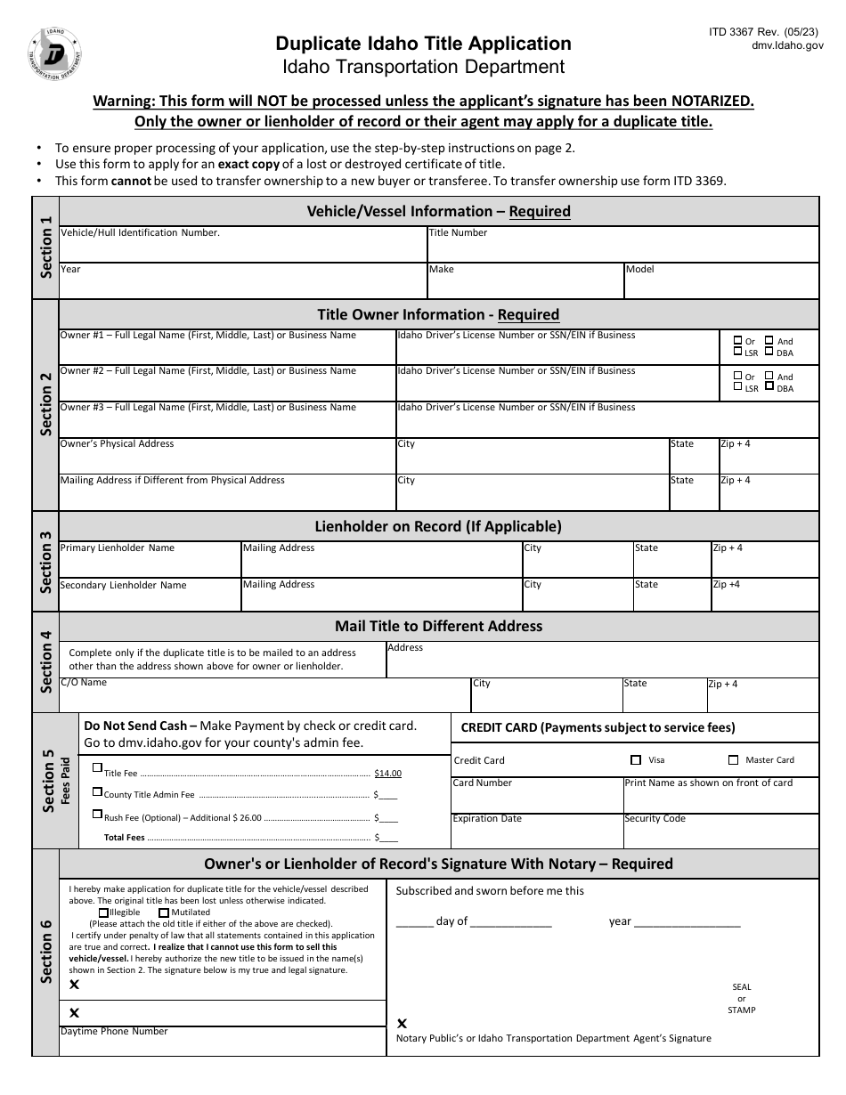 Form ITD3367 Duplicate Idaho Title Application - Idaho, Page 1